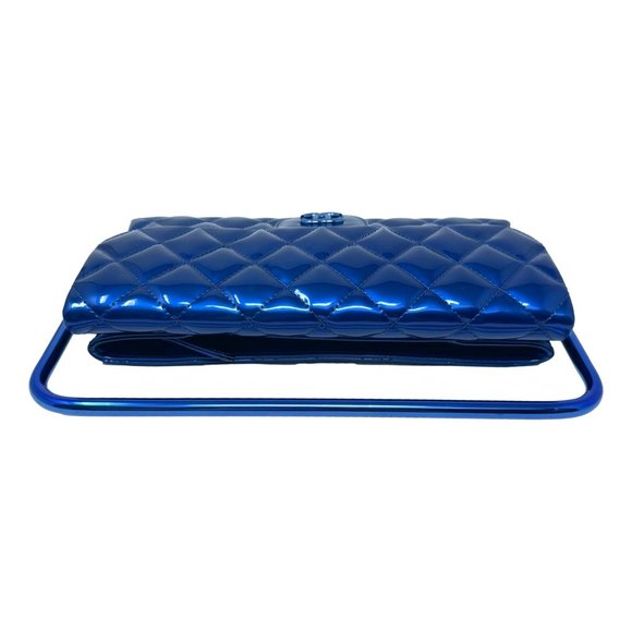 CHANEL 2014 Runway Electric Blue Patent Leather Quilted Bag Metal Handle Rectang - Picture 8 of 13